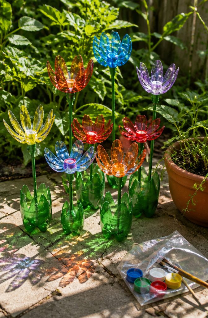 Flowers made from cut plastic water bottles, arranged in a garden setting.