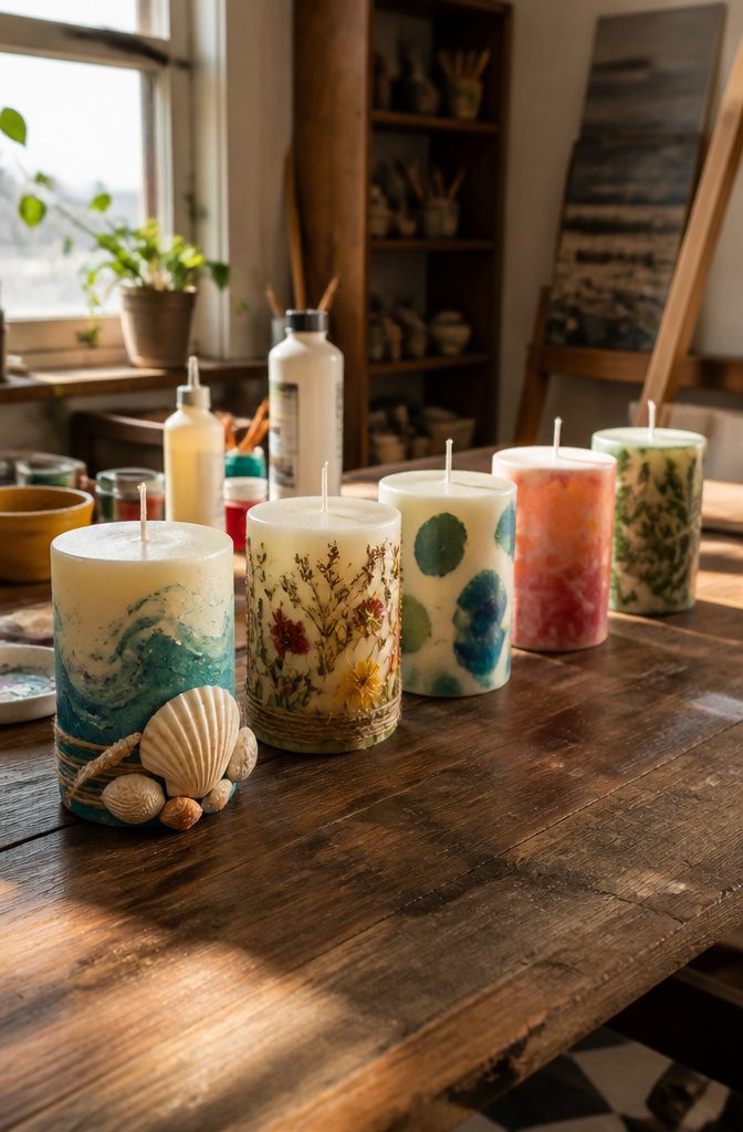 19 Easy Craft Ideas With Stuff Around the House 17 A row of uniquely designed decorative candles placed on a sturdy table.