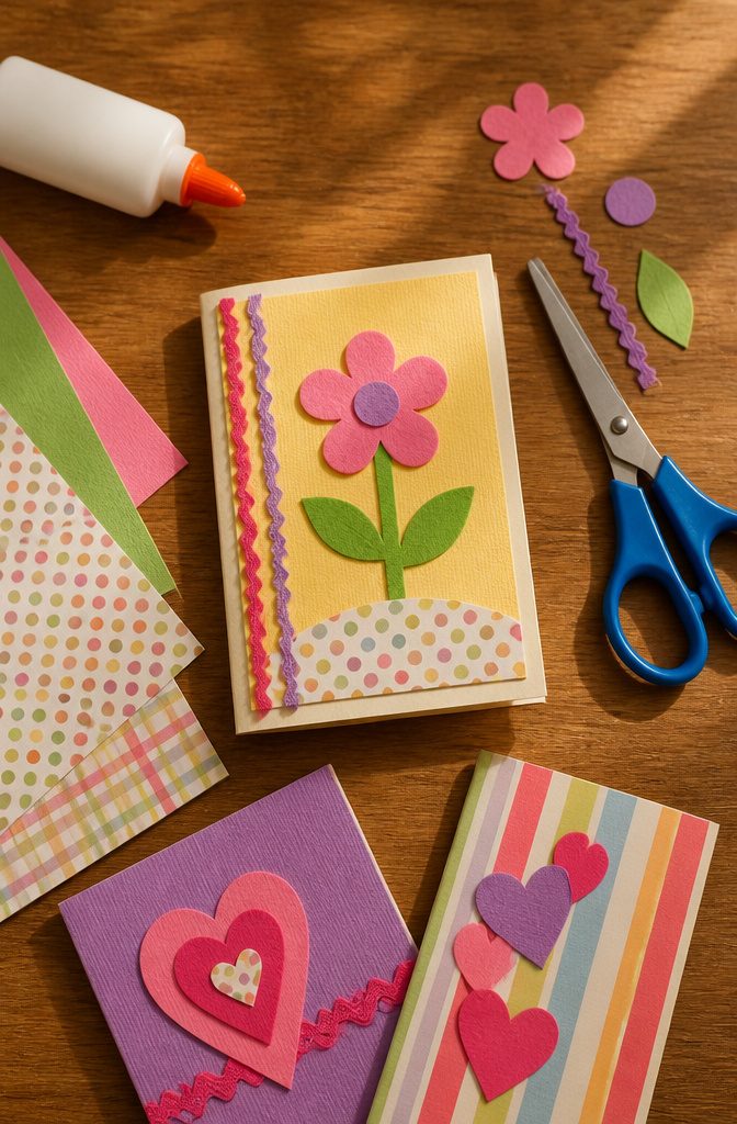 19 Easy Craft Ideas With Stuff Around the House 5 A folded cardstock greeting card with colorful designs and craft supplies nearby.