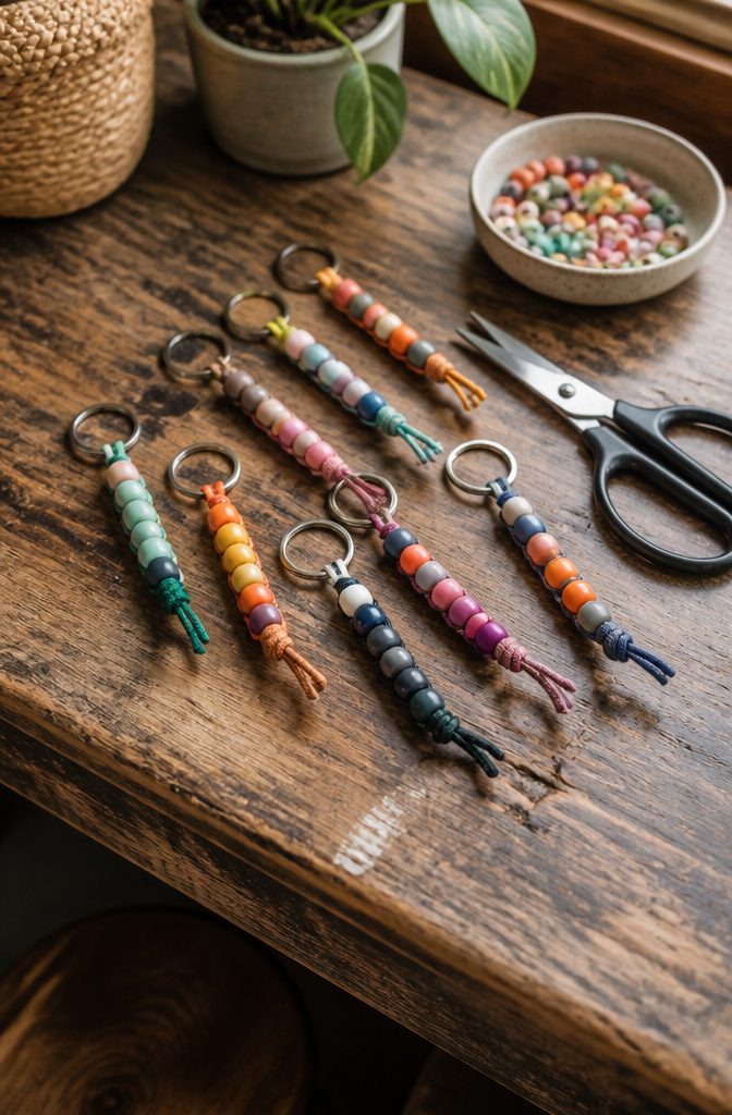 19 Easy Craft Ideas With Stuff Around the House 8 A variety of DIY keychains featuring colorful beads on a workbench.