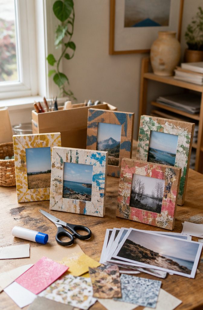 19 Easy Craft Ideas With Stuff Around the House 14 A variety of decorated cardboard photo frames laid out with craft supplies.