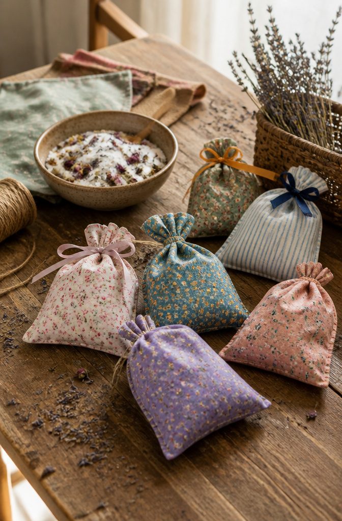 19 Easy Craft Ideas With Stuff Around the House 12 A collection of colorful fabric sachets filled with dried flowers on a table.