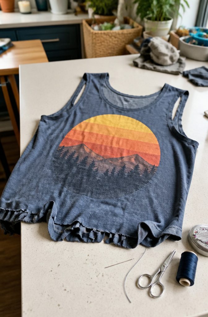 19 Easy Craft Ideas With Stuff Around the House 10 A pair of scissors and an old T-shirt ready to be made into a tote bag.