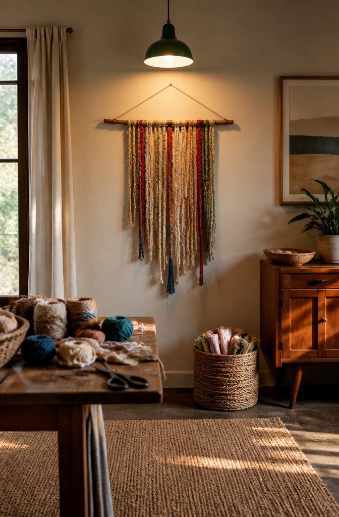 19 Easy Craft Ideas With Stuff Around the House 11 A branch with colorful yarn or fabric strips tied to it, forming wall art.