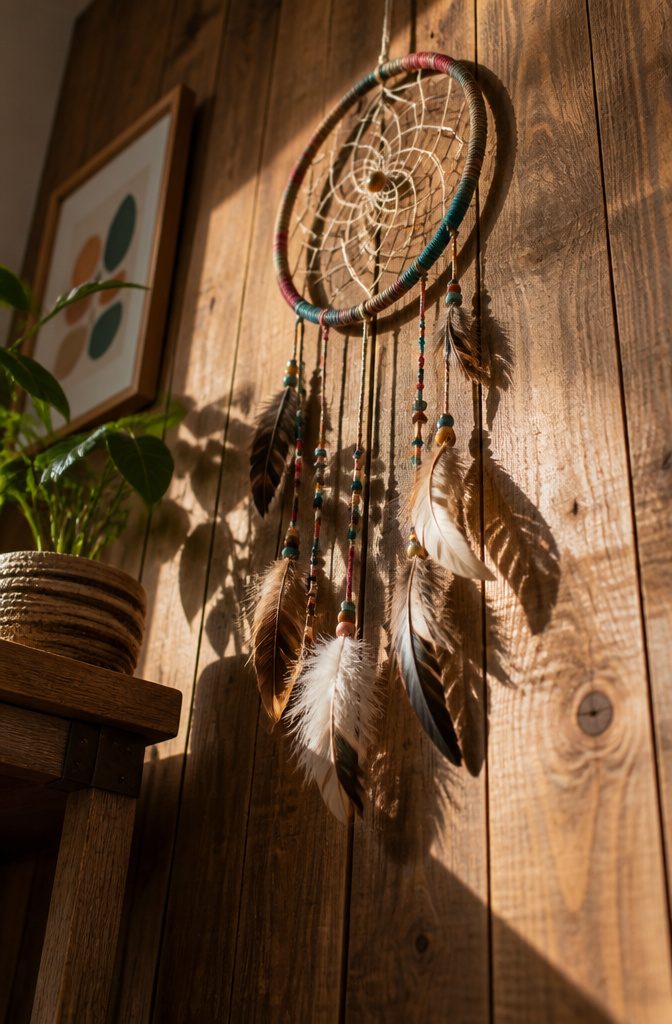 19 Easy Craft Ideas With Stuff Around the House 16 A handmade dream catcher featuring a wrapped hoop and decorative feathers.