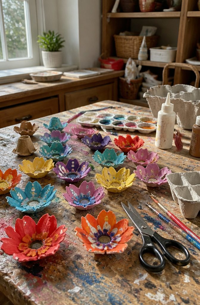 19 Easy Craft Ideas With Stuff Around the House 9 Painted egg carton flower cutouts arranged on a rustic crafting surface.