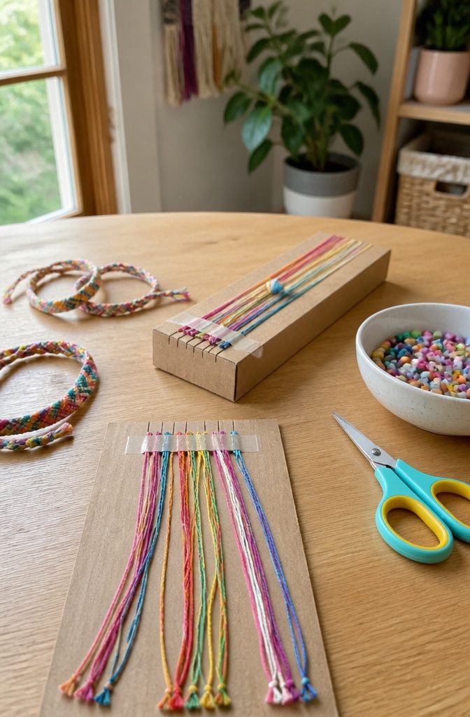 19 Easy Craft Ideas With Stuff Around the House 3 A collection of threads cut to length for making friendship bracelets.