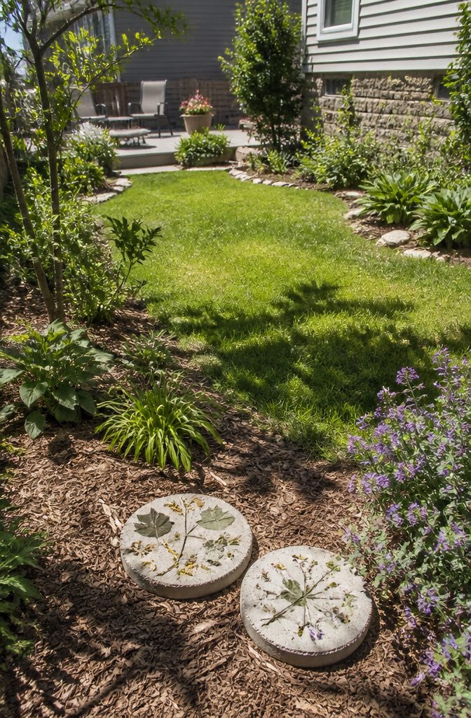 19 Easy Craft Ideas With Stuff Around the House 18 A set of garden stepping stones with pressed designs ready for installation.