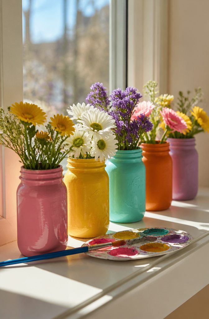 19 Easy Craft Ideas With Stuff Around the House 13 A decorative mason jar painted in bright colors, sitting on a wooden table.