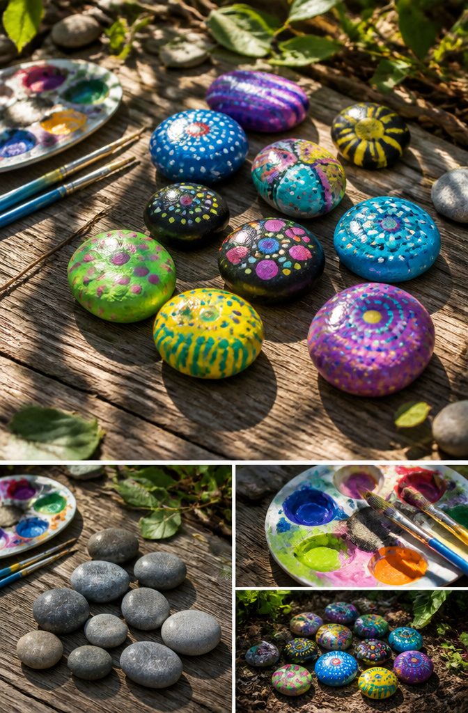 19 Easy Craft Ideas With Stuff Around the House 7 A collection of painted rocks with vibrant colors and patterns.