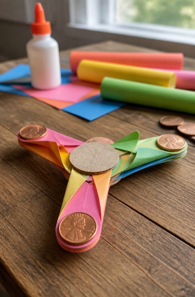 19 Easy Craft Ideas With Stuff Around the House 1 A paper fidget spinner with coins attached, resting on a surface.
