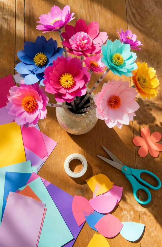 19 Easy Craft Ideas With Stuff Around the House 19 A bouquet of paper flowers made from colored paper and straws for stems.