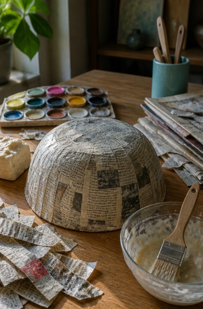 19 Easy Craft Ideas With Stuff Around the House 6 An upside-down paper mache bowl drying on a wooden surface.