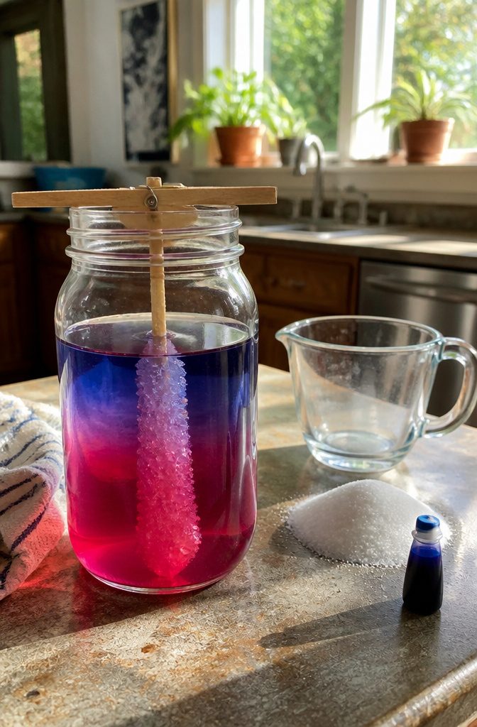 19 Easy Craft Ideas With Stuff Around the House 2 A glass jar filled with blue and pink rock candy solution and a popsicle stick.