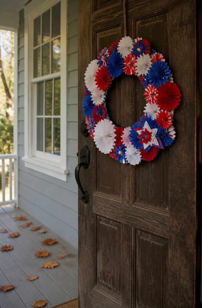 19 Easy Craft Ideas With Stuff Around the House 21 A colorful paper wreath made of red, white, and blue on a wooden door.
