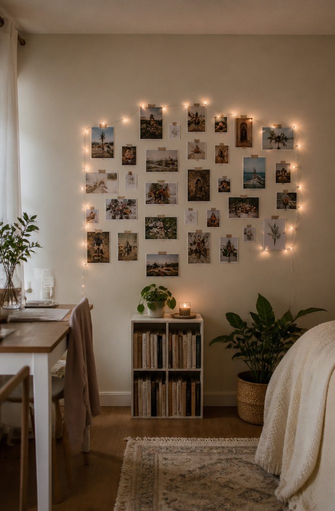 21 Creative DIY Room Decor Ideas for Any Budget 1 A wall collage with multiple photos and artwork displayed.