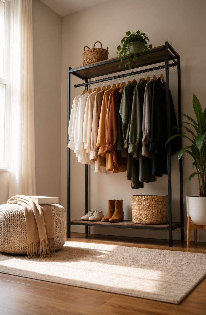 21 Creative DIY Room Decor Ideas for Any Budget 15 An open clothing rack with a few selected outfits hanging.