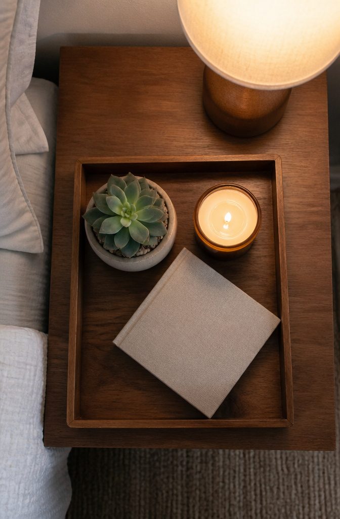 21 Creative DIY Room Decor Ideas for Any Budget 10 A wooden tray with a candle, plant, book, and perfume bottle.