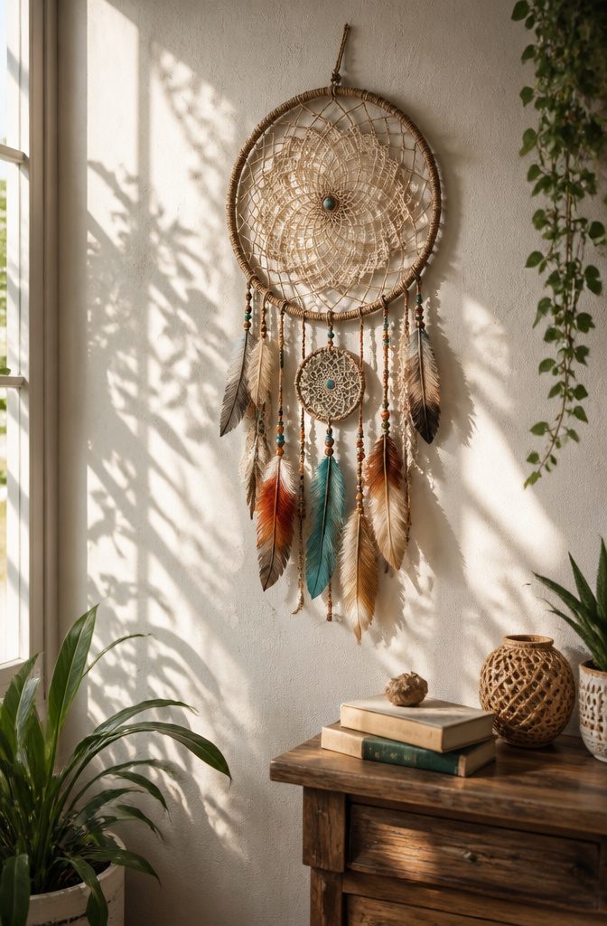 21 Creative DIY Room Decor Ideas for Any Budget 17 A dreamcatcher with colorful embellishments hanging on a wall.