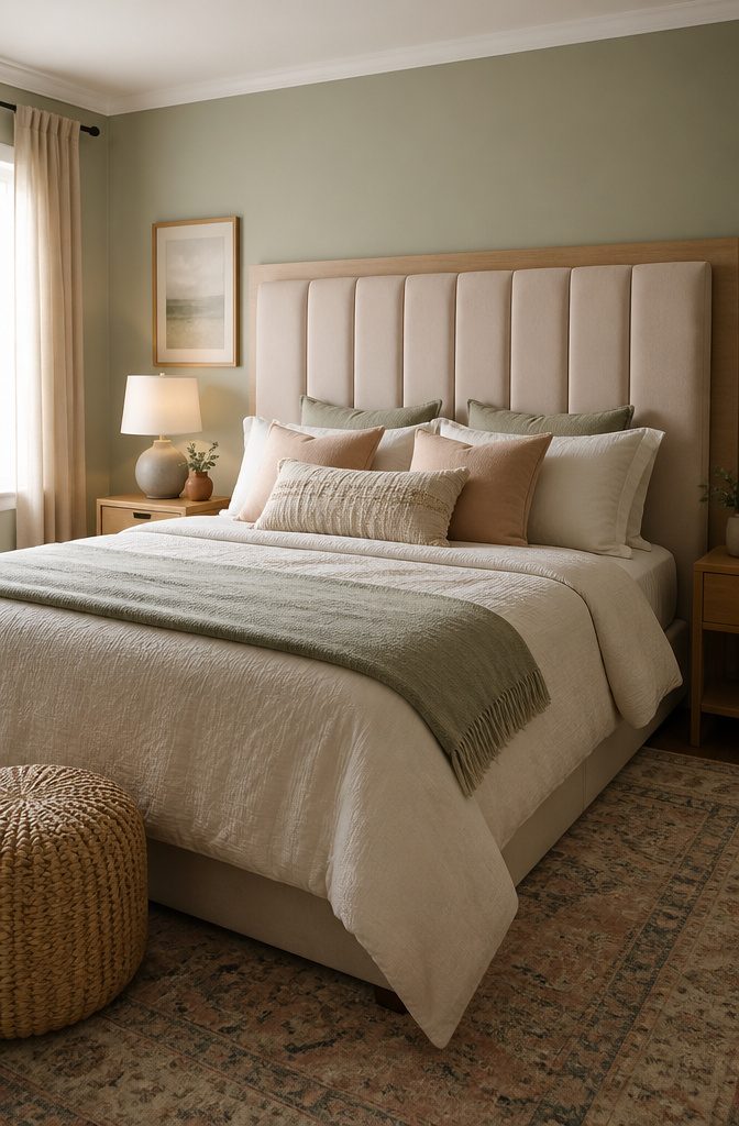 21 Creative DIY Room Decor Ideas for Any Budget 8 A fabric headboard mounted behind a bed with soft upholstery.