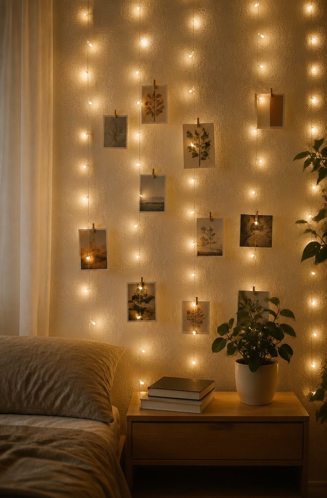 21 Creative DIY Room Decor Ideas for Any Budget 2 Fairy lights hanging vertically on a textured wall with clips.