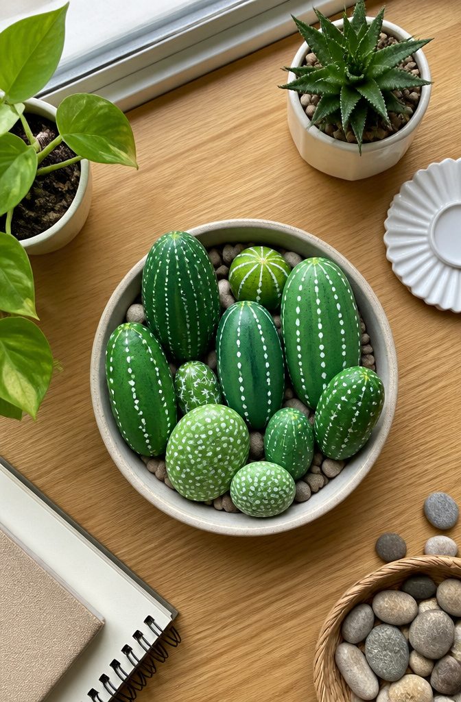 21 Creative DIY Room Decor Ideas for Any Budget 18 A collection of painted rocks resembling a cactus garden.