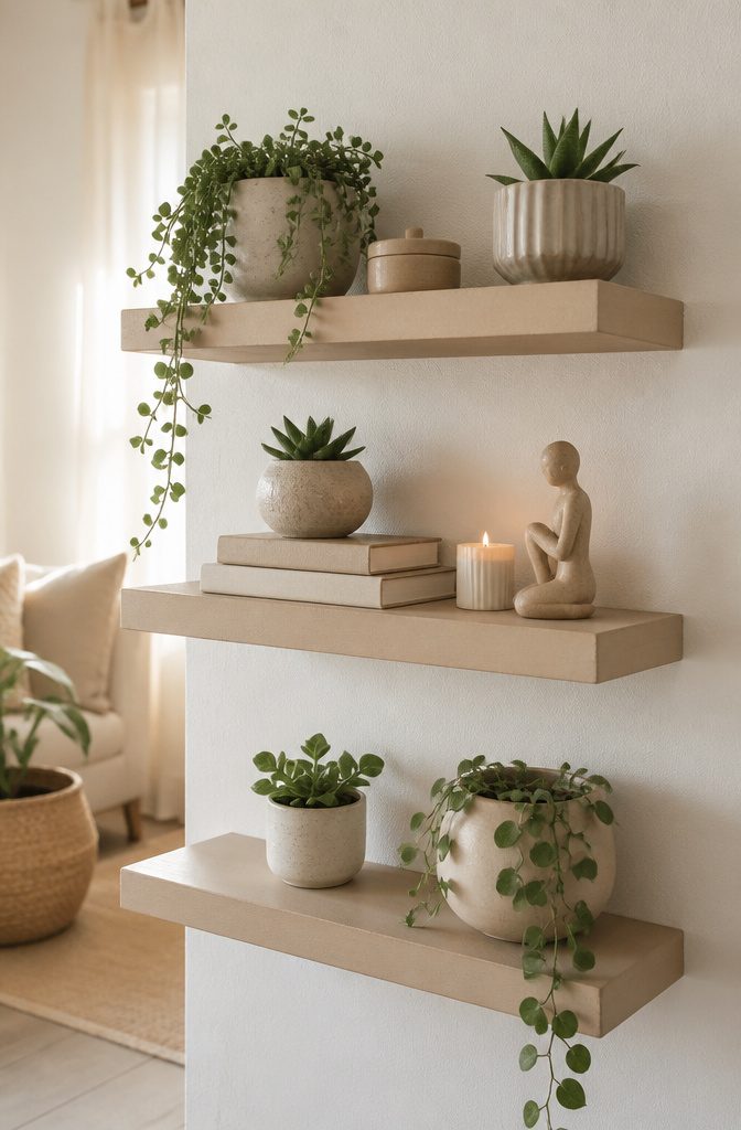 21 Creative DIY Room Decor Ideas for Any Budget 3 A set of floating shelves with plants and books arranged on them.