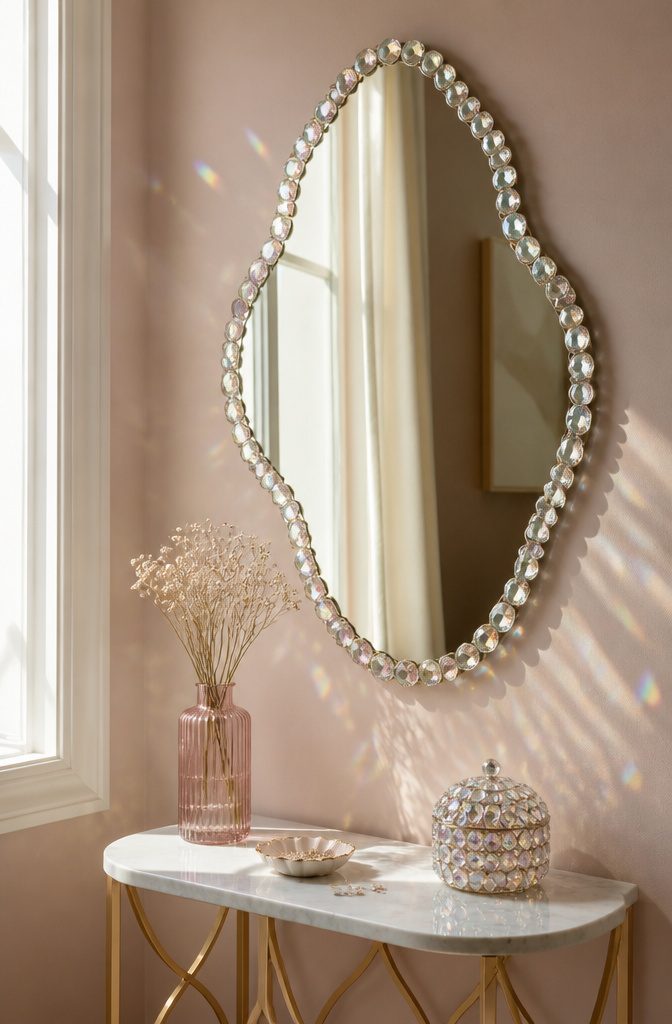 21 Creative DIY Room Decor Ideas for Any Budget 19 A mirror framed with small gems against a pastel wall.