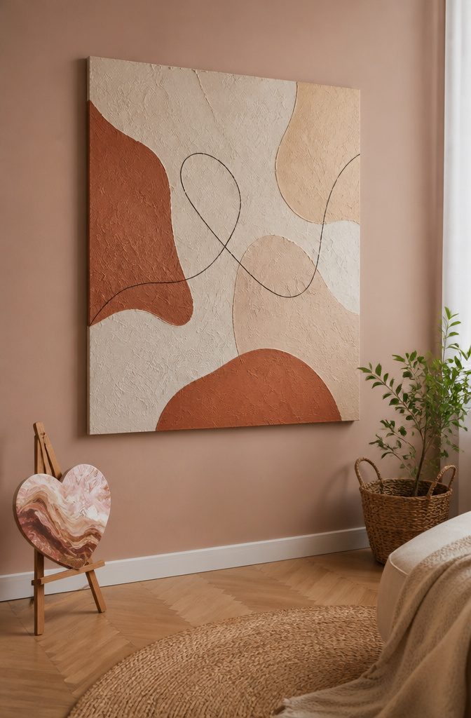 21 Creative DIY Room Decor Ideas for Any Budget 5 An abstract canvas art piece mounted on a pastel wall.