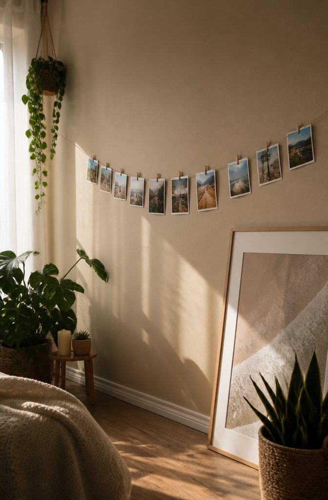 21 Creative DIY Room Decor Ideas for Any Budget 9 A string with mini clips holding various photos on a wall.