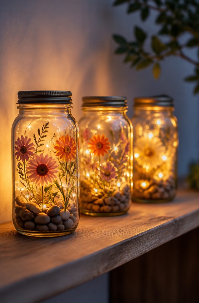 21 Creative DIY Room Decor Ideas for Any Budget 6 Mason jars with fairy lights and decorative stones inside.
