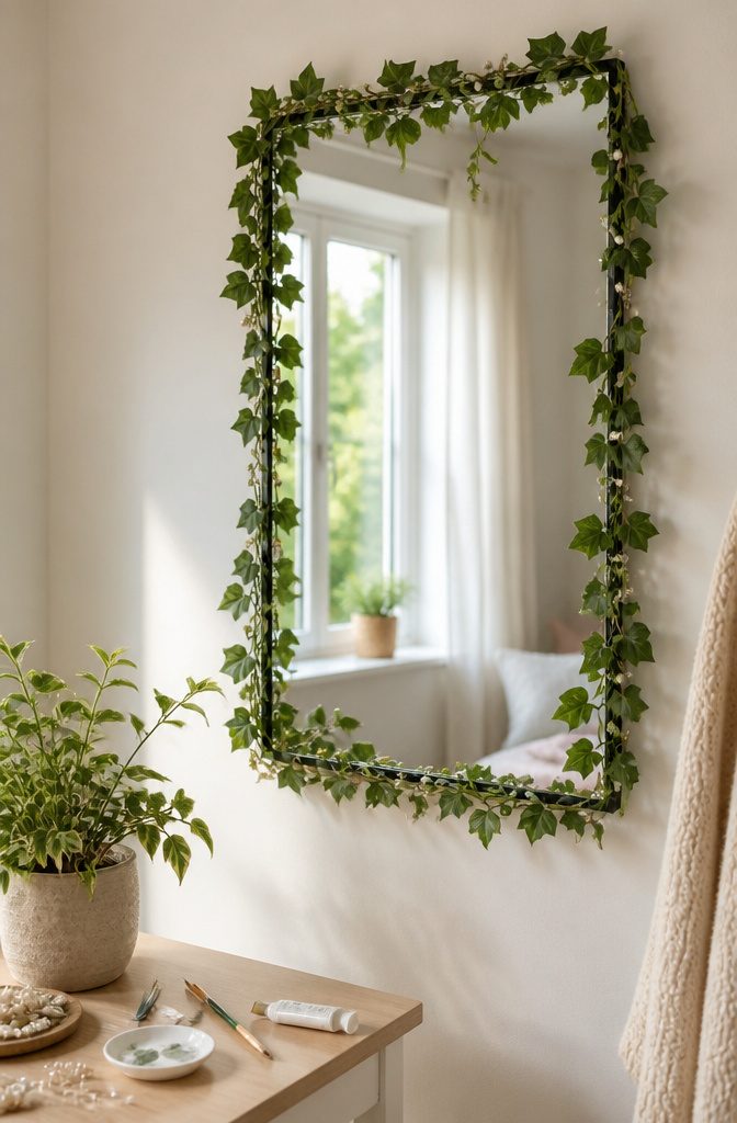21 Creative DIY Room Decor Ideas for Any Budget 4 A mirror surrounded by artificial vines and pearls.