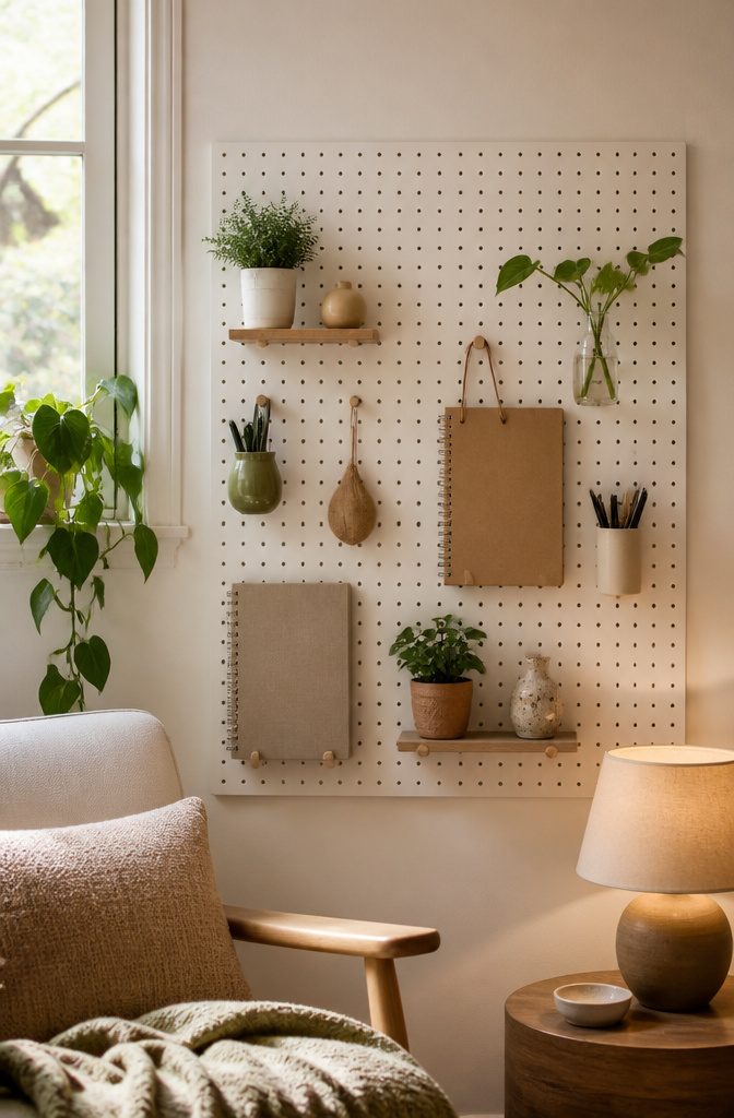 21 Creative DIY Room Decor Ideas for Any Budget 12 A painted pegboard with hooks and decorative pieces.