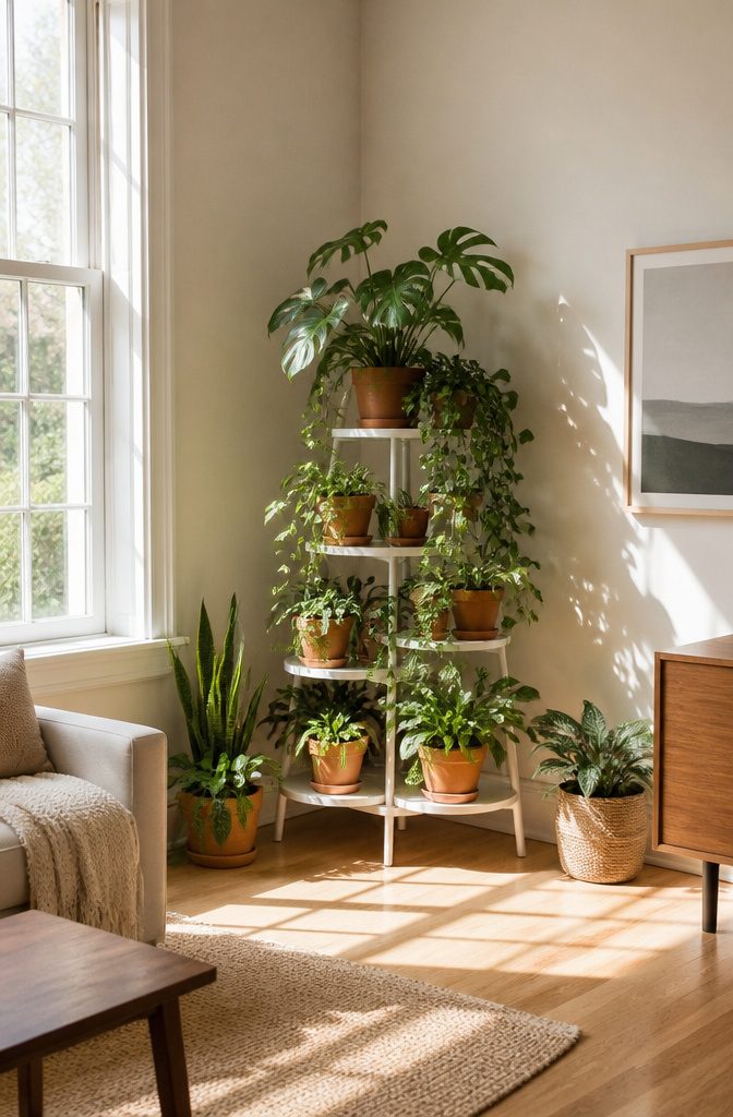 21 Creative DIY Room Decor Ideas for Any Budget 7 A corner with a tiered plant stand and various pots.