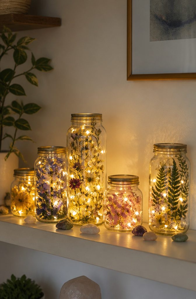 21 Creative DIY Room Decor Ideas for Any Budget 13 Jars with fairy lights and pressed flowers arranged on a shelf.