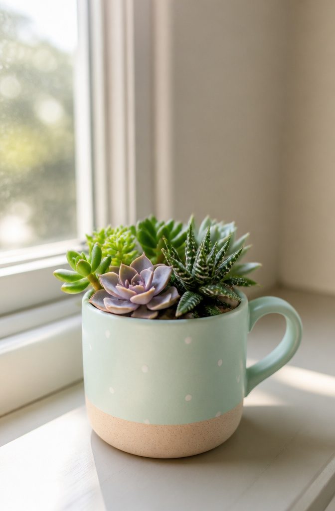 21 Creative DIY Room Decor Ideas for Any Budget 16 A painted mug filled with a small succulent plant.
