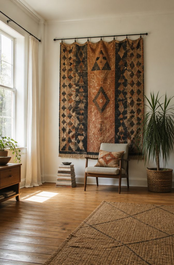 21 Creative DIY Room Decor Ideas for Any Budget 11 A large piece of printed fabric hanging on a wall.