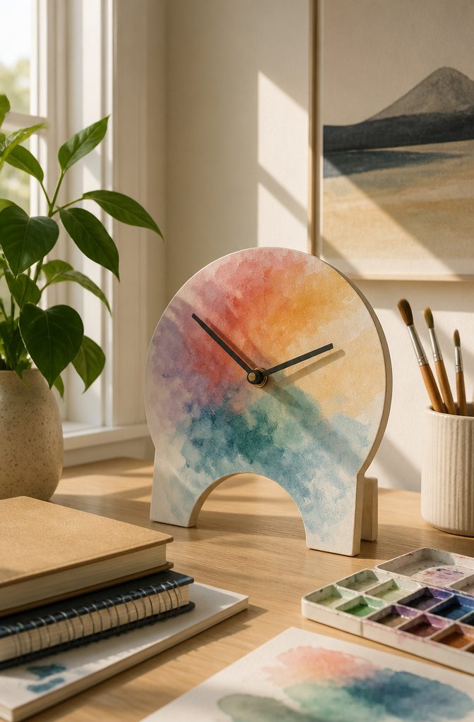 21 Creative DIY Room Decor Ideas for Any Budget 20 A colorful watercolor clock placed on a desk.