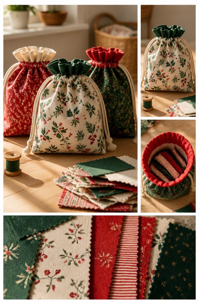 Drawstring bags cut from fabric scraps arranged on a table.