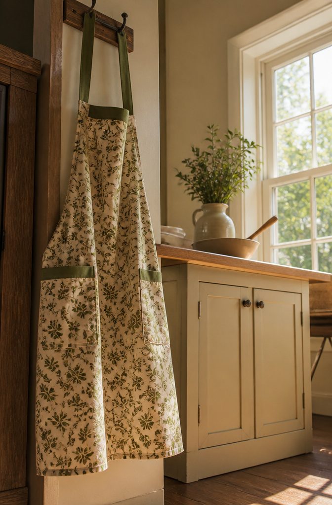 Full apron laid out on a table with fabric details.