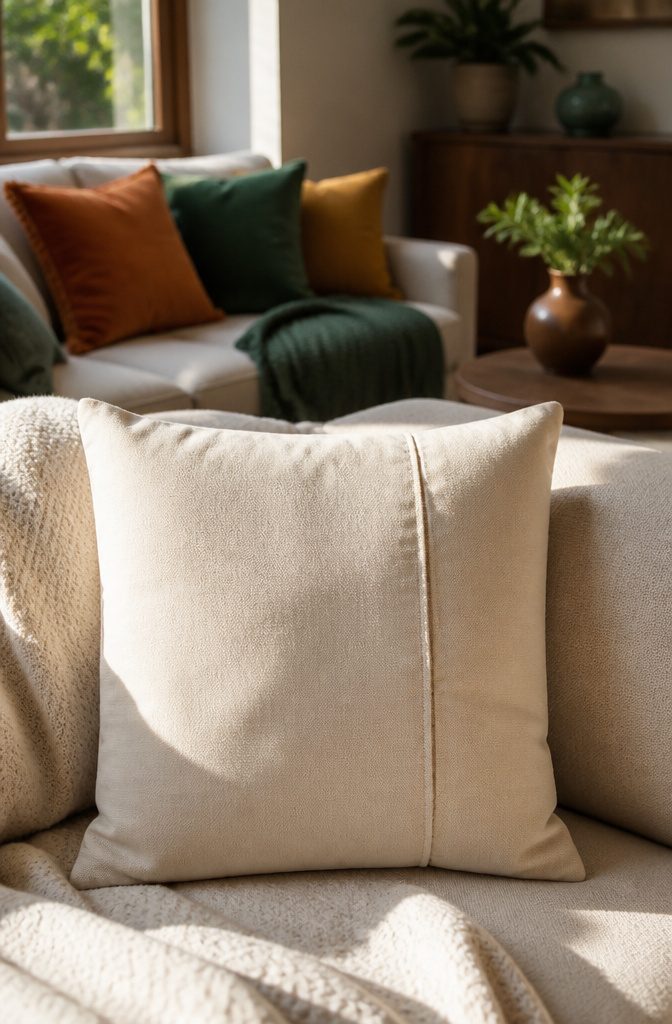 Envelope cushion cover displayed in a cozy living room.