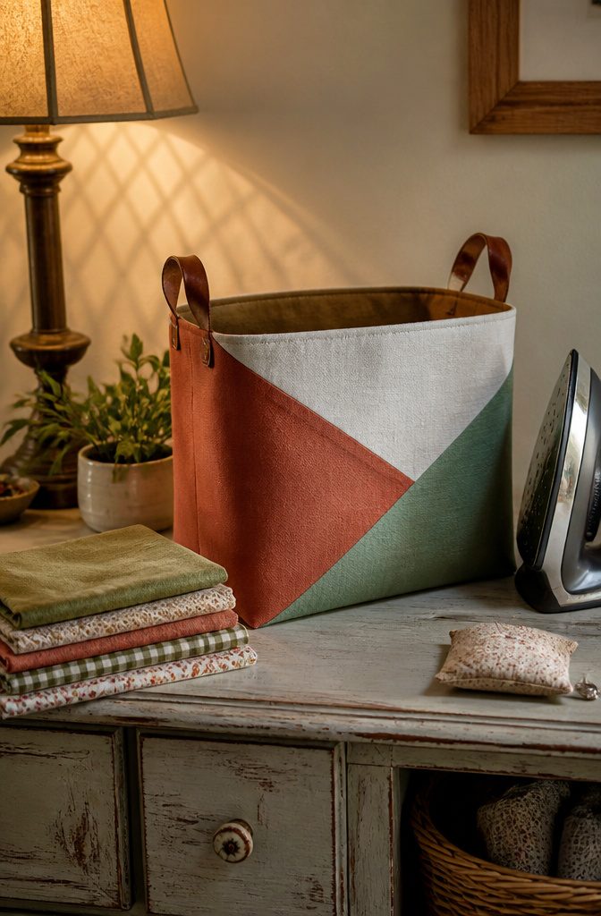Fabric basket on a shelf with neatly folded fabric scraps.