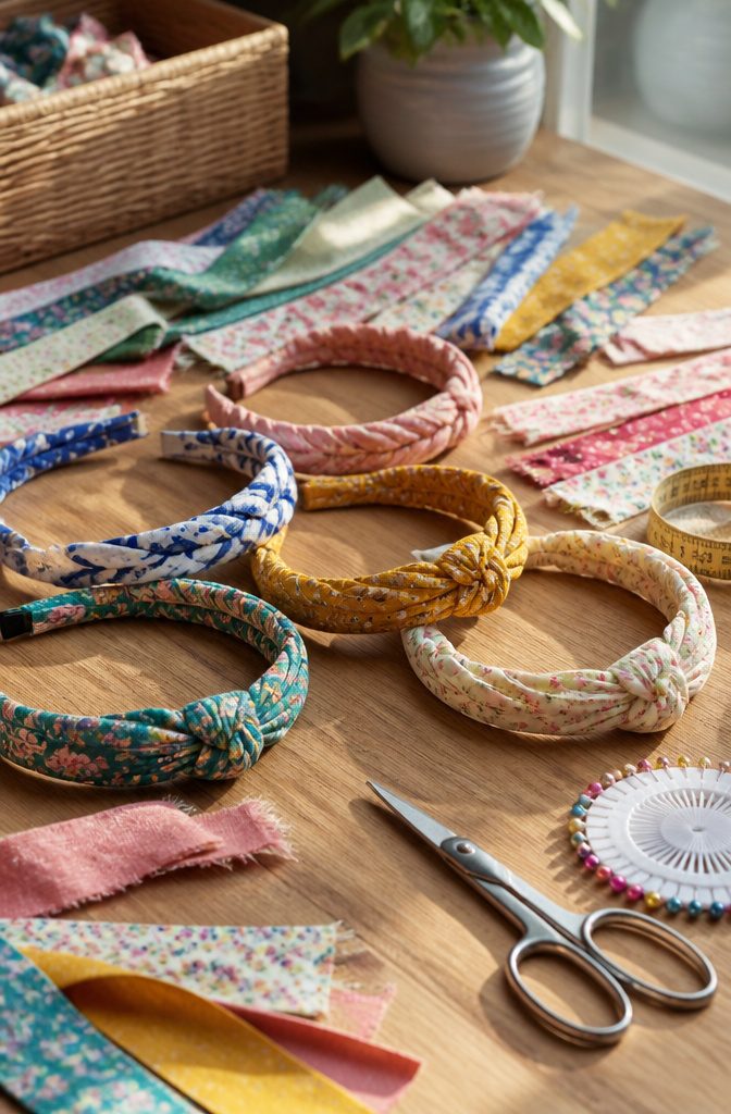 Colorful fabric headbands scattered on a vibrant sewing table.