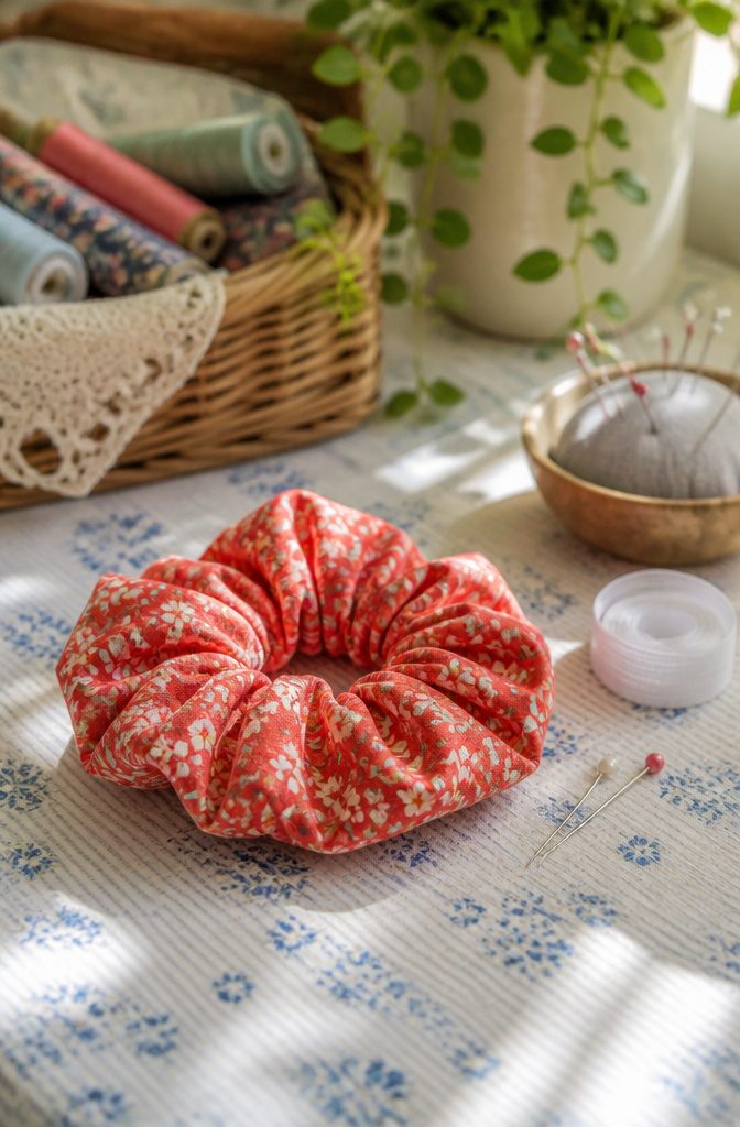 Fabric scrunchie with vibrant gathers on a patterned tablecloth.