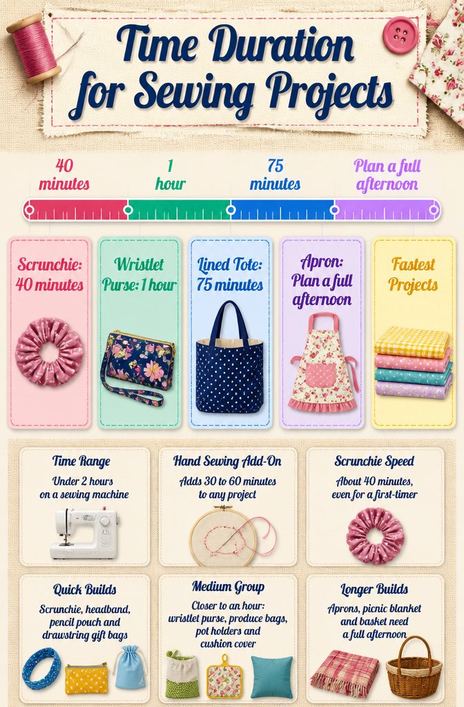 Time chart showing durations for various sewing projects.