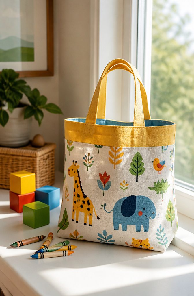 Kids' tote bag on a windowsill with toy blocks nearby.