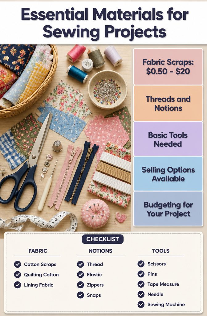 Essential materials for sewing projects displayed together.