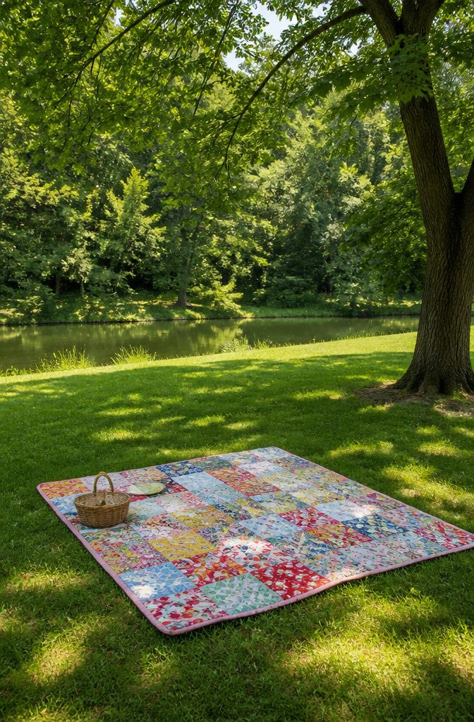 Picnic blanket with a self-made border and layered fabrics.