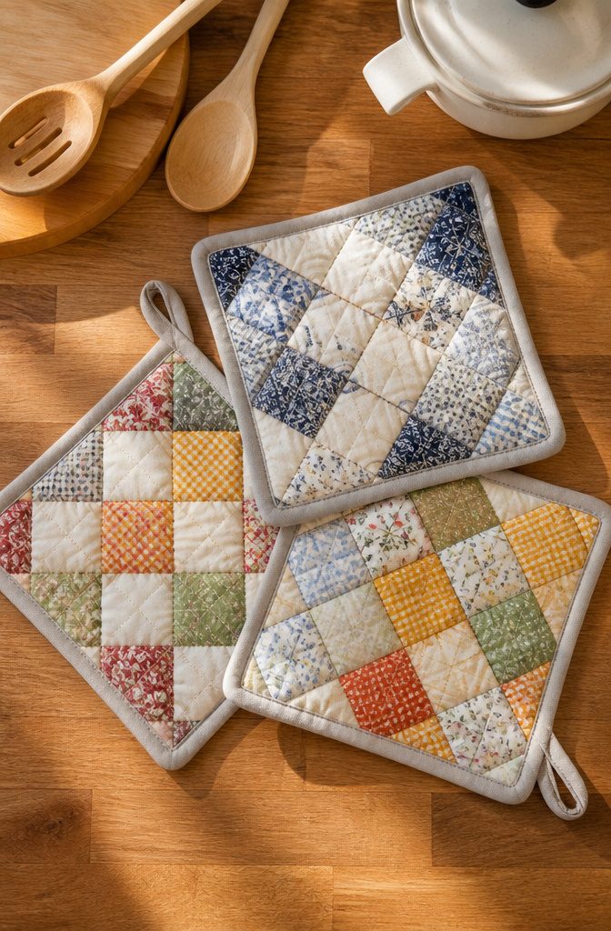 Set of quilted pot holders stacked on a table.