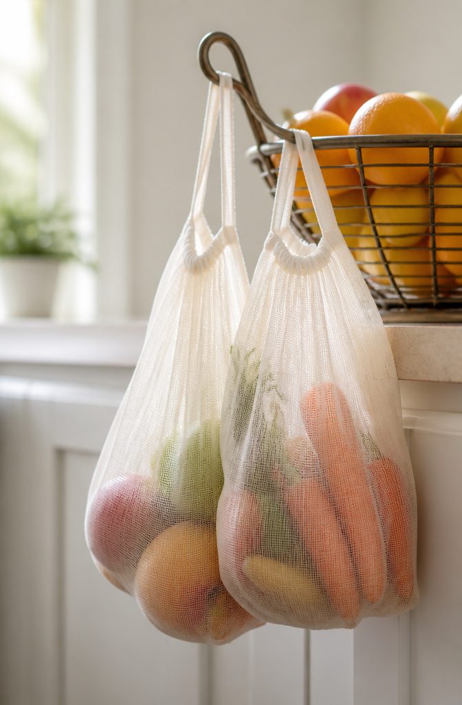 Two cotton muslin produce bags displayed with fresh produce.